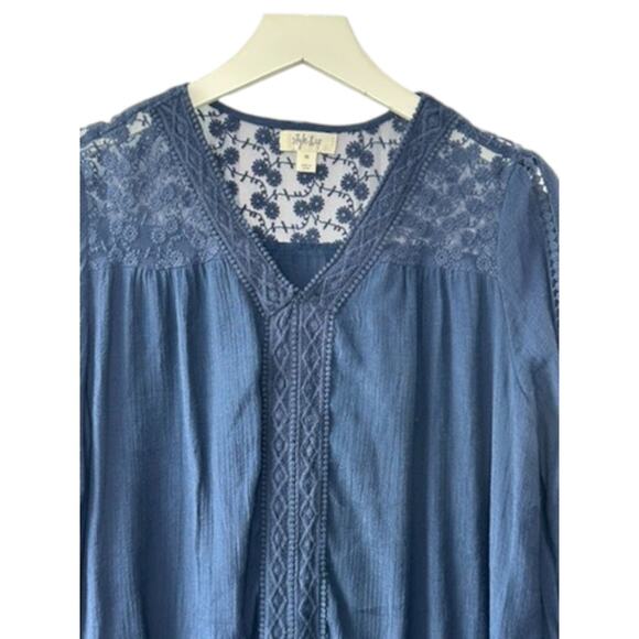 Style&Co Navy Blue Lace Trim Long Sleeve Lightweight Gauzy Tunic Top XS NEW - Picture 2 of 7